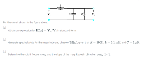 For the circuit shown in the figure above: Obtain an expression for H() Vo/Vi in standard form Generate spectral plots for th