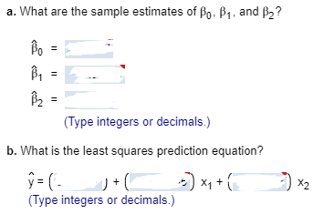 a. What are the sample estimates of βο-β1 , and β2? Type integers or decimals.) b. What is the least squares prediction equat