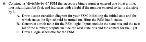 Construct a divisible-by-3 FSM that accepts a binary number entered one bit at a time, most significant bit first, and indi