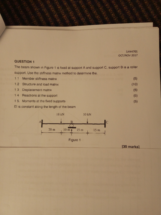 SAN4701 OCT/NOV 2017 QUESTION 1 The beam shown in Figure 1 is fixed at support A and support C, support B is a roller support