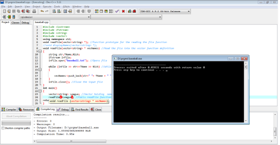 D:Aprgms\baseball.cpp -[Executing] - Dev-C++511 File Edit Search View Project Execute lools AStyle岦indow Help 回タ凹 (globals) P