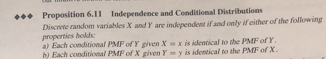 Proposition 6.11 Independence and Conditional Distributions Discrete random variables X and Y are independent if and only if