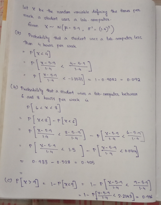Let xbe the nandam variable the times per afaing toeek a studant uses a lab emputor Given N(A- - (-) 9.02 5- Phroloability t