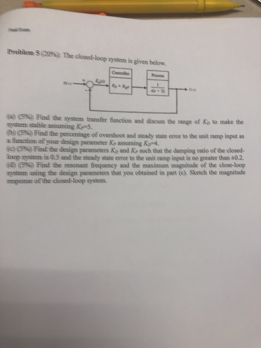 muibliam 5(20%). The closed-loop system is given below. Controller (a) (S%) Find the system transfer function and discuss the