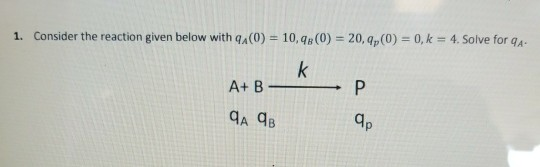 1. Consider the reaction given below with qA(0) 10,q (0) 20,,(0) 0, k 4. Solve for qA- ap