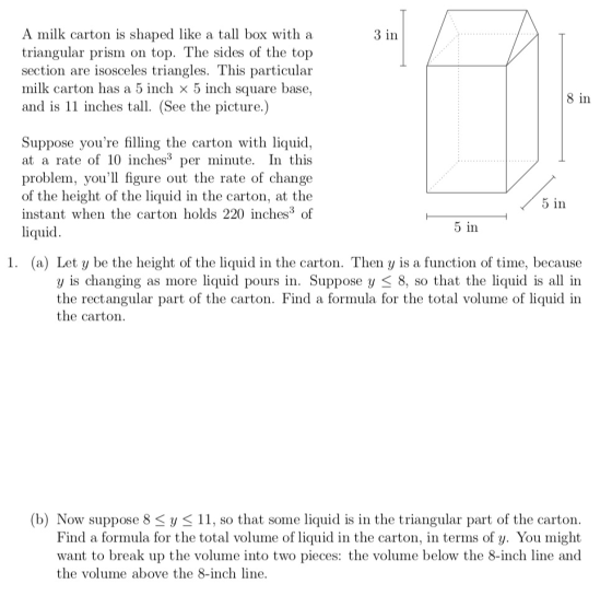 A milk carton is shaped like a tall box with a triangular prism on top. The sides of the top section are isosceles triangles.