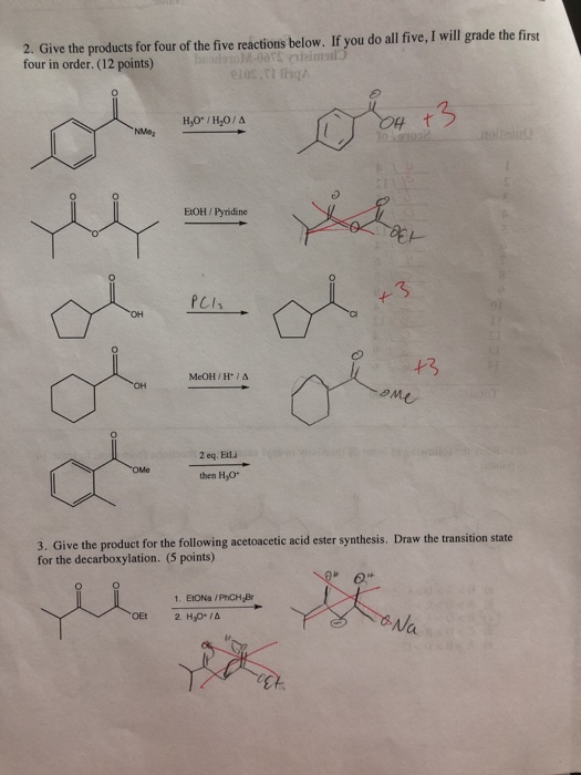 2. Give the products for four of the five reactions below, If you do all five, I will grade the first four in order. (12 poin
