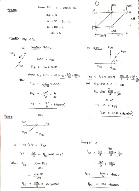90k 4ok Griven that E = 29000 ksi C -Anon AB = + Isft Bc DE = EC 2 AD BE - 4 ok 20ft 6 DB 2oft Calautate Aly, AC FEB at Jint