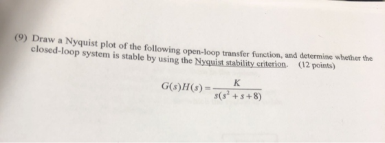 (9) Draw a Nyquist plot of the following open-loop transfer function, and determine whether the closed-loop system is stable