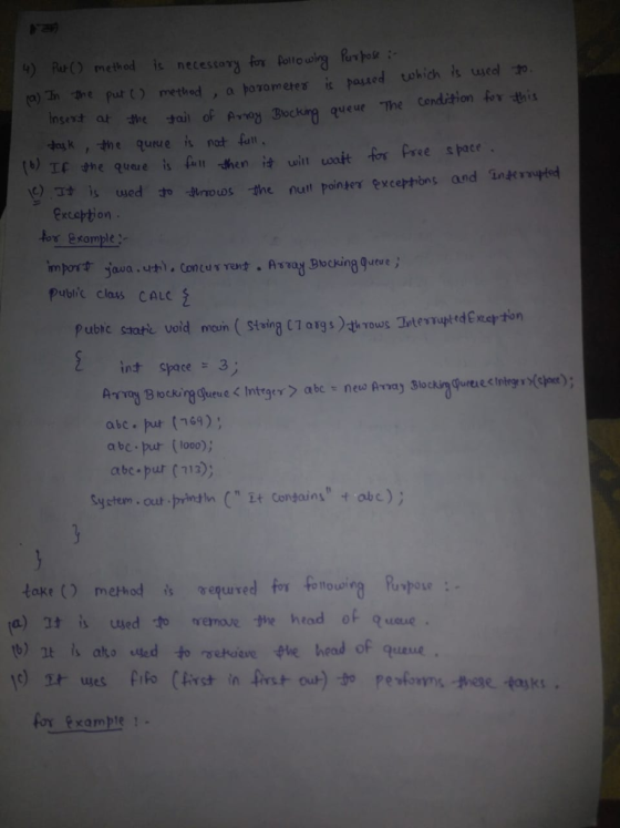 )Far() method is necestaro Rlto w )In啣e pur() method , a tarometer is pass ed which used ว. tail oF ABocking queue The Cendit