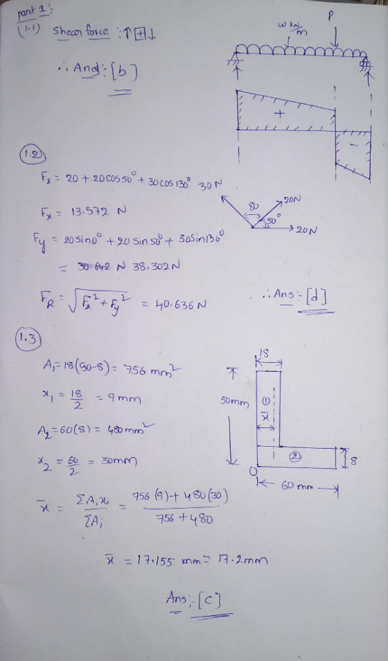 pant 1 1-1) Shear for ce 1 And 1.9 F, 20+ 2D C0550 t 30Cos 130 0 20N Fy= 13.572 N 20N 20 SinD20 Sin s+ 30SinB 30-64.2 N 38.30
