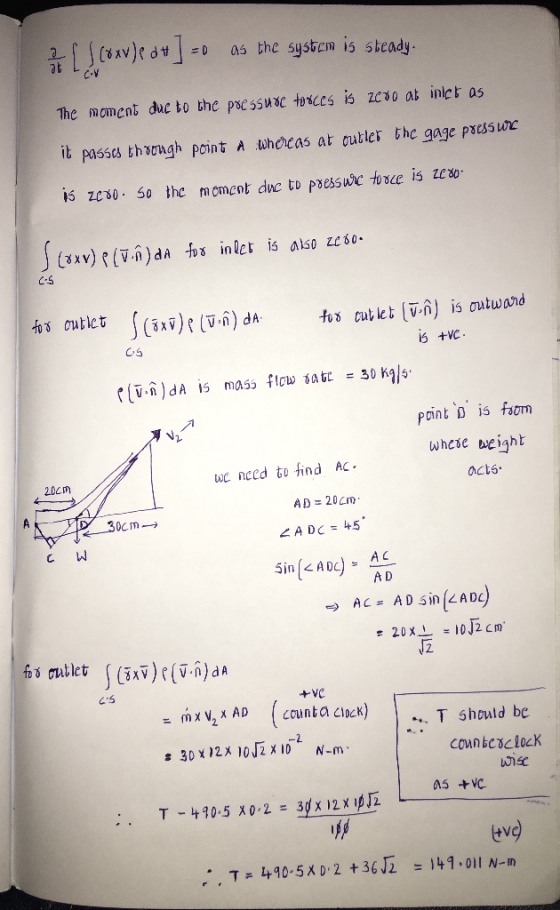If )(Mv)e d+] D as the system 5 steady. The moment duc to the pse55w s is zcoo at inlcr as it passs tharugh point A whocas a