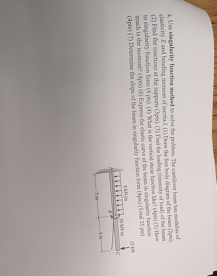 4. Use singularity function method to solve the problem. The cantilever beam has modulus of elasticity E and bending moment o