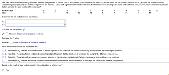The table below lists the frequency of wins for different post positions in a horse race. A post position of 1 is closest to