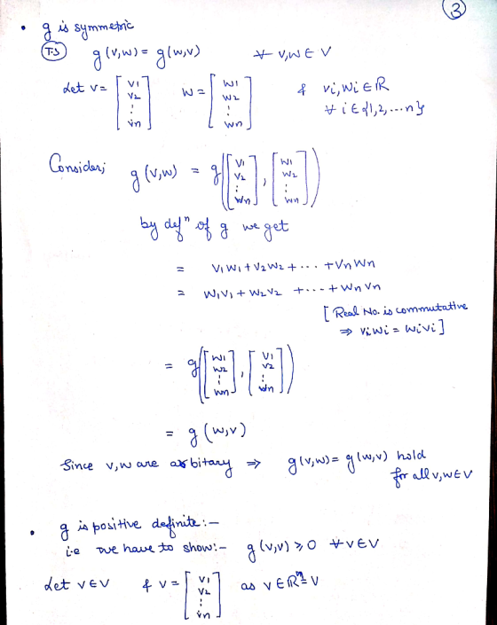 下 ん, Vn Vi (v,w) Wi Wn we get Real No. is commutative. ん$2. V2 /n ia bositve definit.