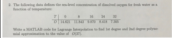 2. The following data defines the sea-level concentration of dissolved oxygen for fresh water as a function of temperature: T