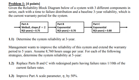 Problem: 14 pointsl Given the Reliability Block Diagram below of a system with 3 different components in series, each with a