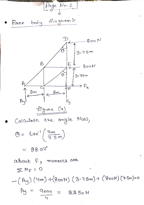 Page Foier body diagsiam N O08 3.75m 800N 3.75m AF Ay e angle Noco, CalCulate the tan 7.5 m a8 o about F, moments aie EMp -(A