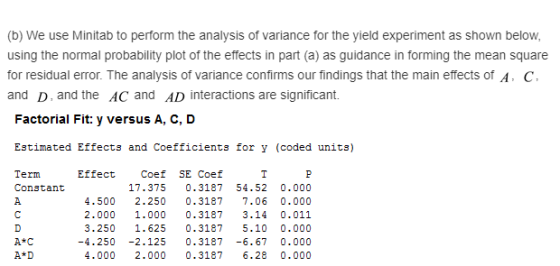 (b) We use Minitab to perform the analysis of variance for the yield experiment as shown below, using the normal probability