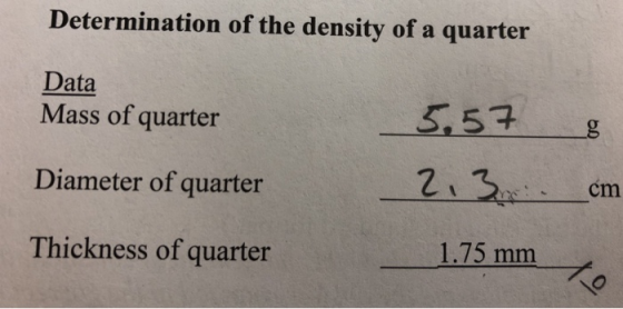 Determination of the density of a quarter Data Mass of quarter 3.57 Diameter of quarter 22 cm Thickness of quarter 1.75 mm