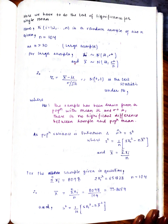 we hawe to do th* tet of siqn ficanu Lox. HeAa inq le Mean Herc 1 qiven n104 ize n ai n 7 30 sample) sfatist undes Ho Ho : Th