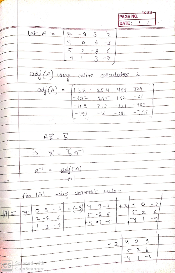 -icon-, PAGE NO. DATE let A = 3 -3 -8 3 2 - 4 adj(a) uing -aline calclates adja) 25 4 -202 265 -409 -33 | 2 13 -295 - 381 - 1