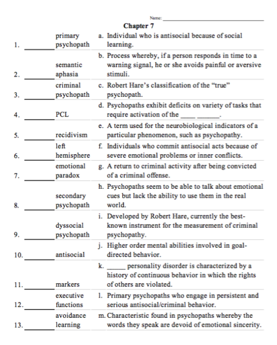 Name Chapter 7 primary psychopath a. Individual who is antisocial because of social learning 1. b. Process whereby, if a pers