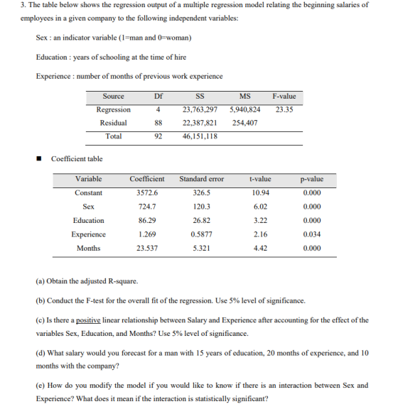 3. The table below shows the regression output of a multiple regression model relating the beginning salaries of employees in