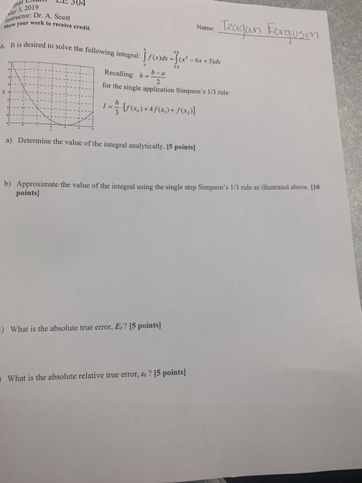 LD 304 3, 2019 Auctor:Dr. A. Scott r work to receive credit. Name: cM b. It is desired to solve the following integral: J6x+S