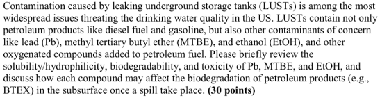 Contamination caused by leaking underground storage tanks (LUSTs) is among the most widespread issues threating the drinking