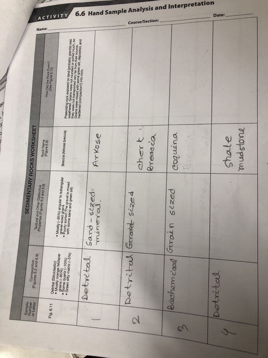 ACTIVITY 6.6 Hand Sample Analysis and Interpretation Date: Course/Section: Name- 2 Dotrital Beivehemcaad Gerai n Detrital Ger