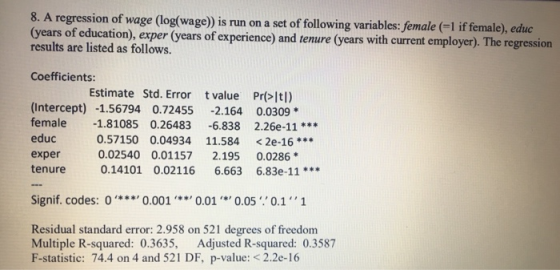 8. A regression of wage (log(wage) is run on a set of following variables: female (-1 if female), educ (years of education),