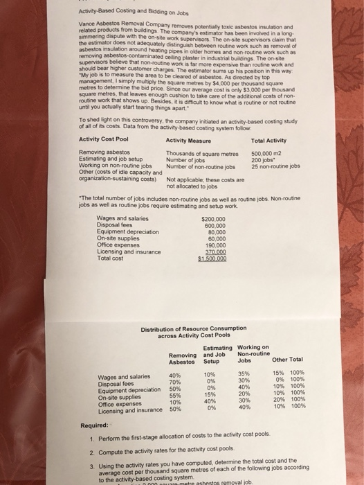 Activity-Based Costing and Bidding on Jobs Vance Asbestos Removal Company removes potentially toxic asbestos insulation and r