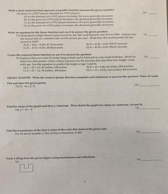 Write a short statement that expresses a possible function between the given variables 10) 10) (price of a DVD player, demand