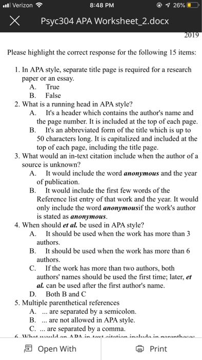 8:48 PM 1 26% l Verizon Psyc304 APA Worksheet_2.docx 2019 Please highlight the correct response for the following 15 items: 1
