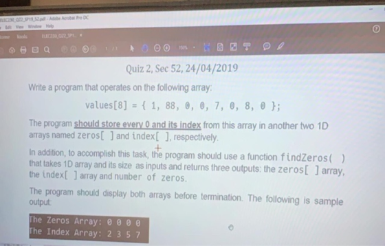 LECN O72 SPIS 52pd-Adobe Acobat Pro DC Id Vew Wwindow Halp ELECZ30 072 3P1 ame lools O & T O Quiz 2, Sec 52, 24/04/2019 Write