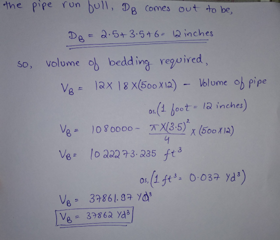 the pipe rnbull, 8 comes out to be, Dea5 3.56 inches so, volume ob bedding reguived So, Volume o ( oot - 1 inches) 2. Veo 227