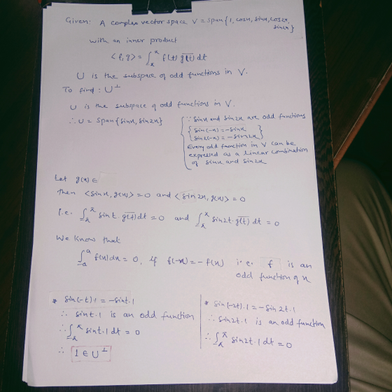 cow-puyo vector space、 VzSpan {l,arsn, 어 M ,Cow ven : A wih an iner produch U i s the subspace. 이 odd functon s in V Let x) e