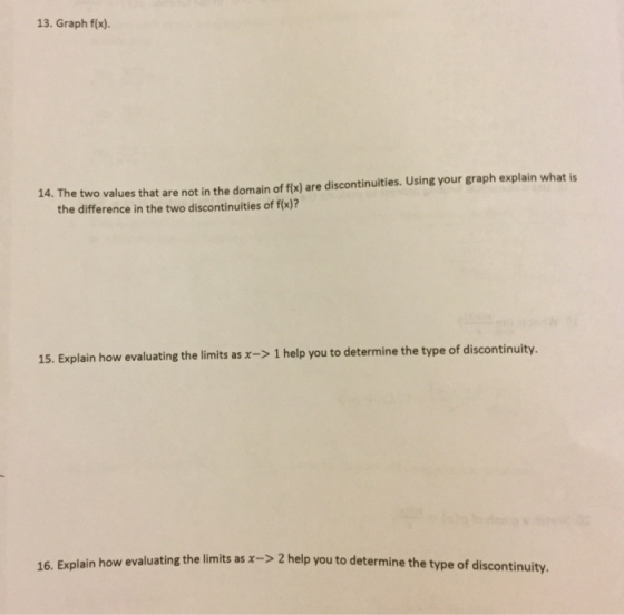 13. Graph f(x) 14. The two values that are not in the domain of f(x) are discontinuities. Using your graph explain what is th