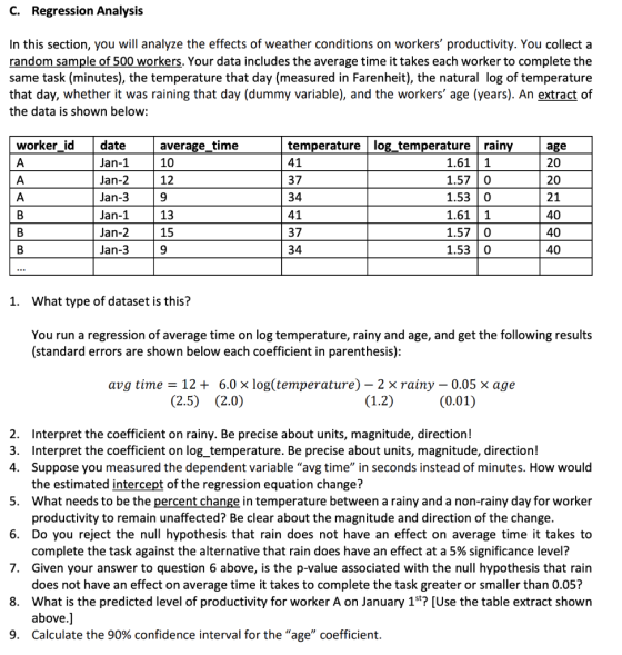 C. Regression Analysis In this section, you will analyze the effects of weather conditions on workers productivity. You coll