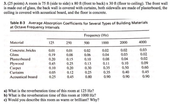 3. (25 points) A room is 75 ft (side to side) x 80 ft (front to back) x 30 ft (floor to ceiling). The front wall is made out
