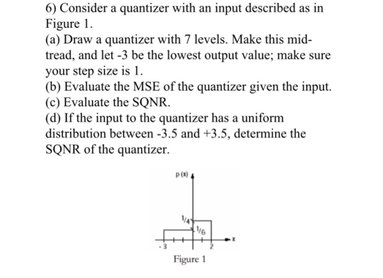 6) Consider a quantizer with an input described as in Figure (a) Draw a quantizer with 7 levels. Make this mid tread, and let