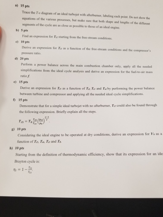 a) 15 pts Trace the T-s diagram of an ideal turbojet with afterburner, labeling each point. Do not show thoe equations of the