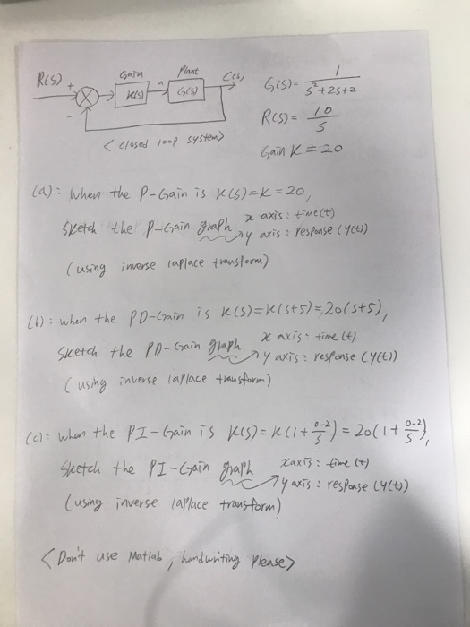 Plant C4 GI5)=225+2 Gain Res) (529 Res)-10 Clesed p system Gain K =20 Ca): when the P-Gain is ks)k = 20 z axis: time(t) Syete