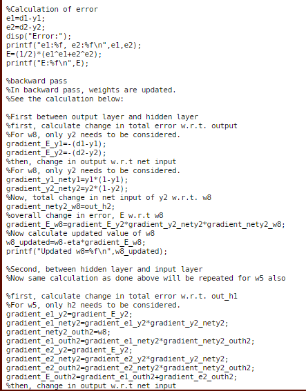 %Calculation of error el-d1-yl; e2 d2-y2; disp(Error:) printf ( el:bf, e2 : %f\n,e1 e2 ); E-(1/2) (el e1+e2 e2); printf