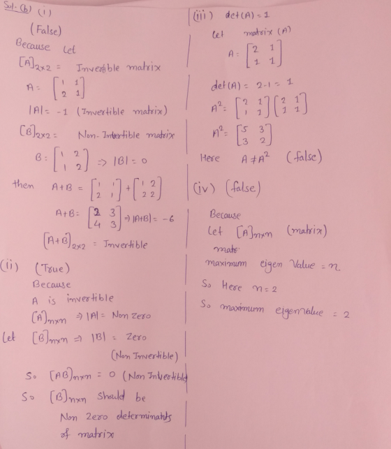 s1.6) (リ (iii ) det (A)-1 False) Because let tel masi ค.[21 LA) : 3 Al1 (7nvertible mateix) Non- Inter-Hible mabrinx det (A)