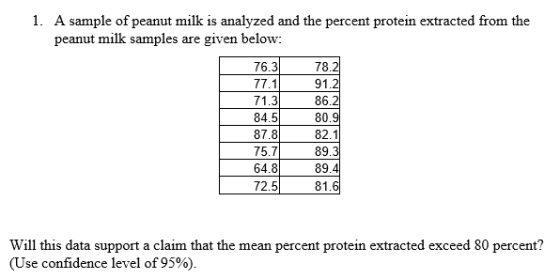 1. A sample of peanut milk is analyzed and the percent protein extracted from the peanut milk samples given below are 78.2 91