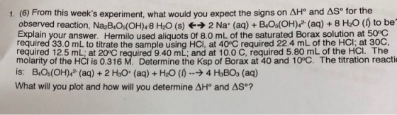 1. (6) From this weeks experiment, what would you expect the signs on ΔΗΡ and So for the observed reaction, Na2B O(OH)8 H2o