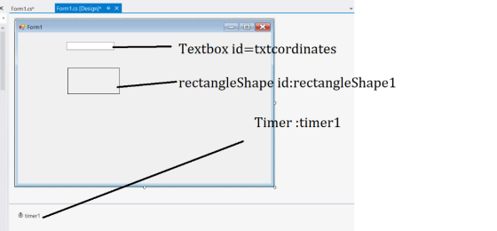 Form1.cs [Design] X XForm1.cs Form1 Textbox id-txtcordinates rectangleShapelid: rectangleShapel Timer :timer1 timer1
