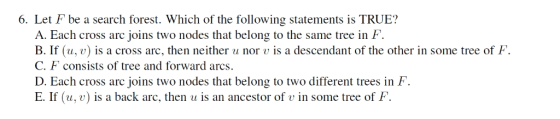 6. Let F be a search forest. Which of the following statements is TRUE? A. Each cross arc joins two nodes that belong to the